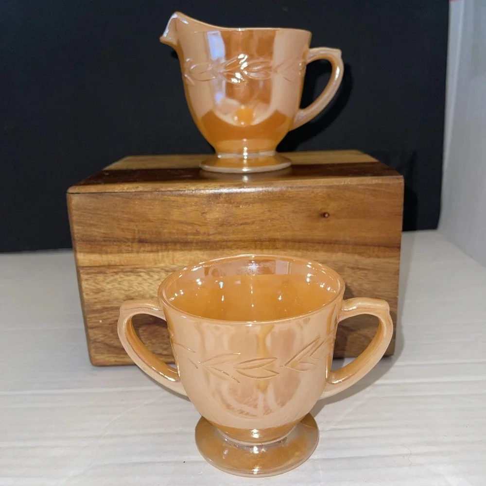 Fire King Oven Ware Peach Luster / Laurel Leaf Cream and Sugar Bowl Set Vintage